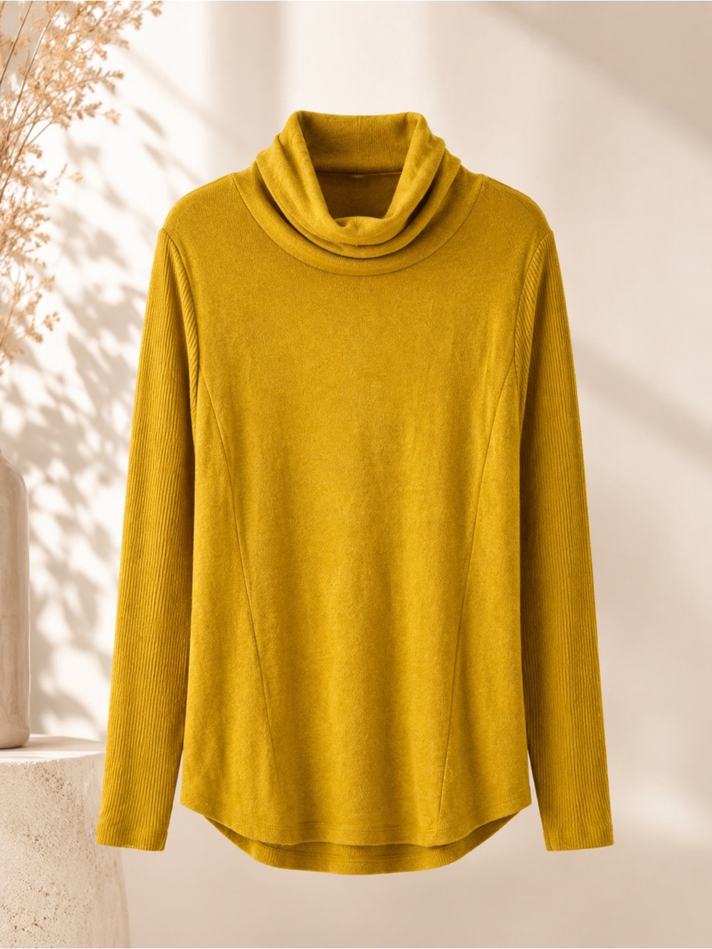 Chelsea & Theodore Cowl Neck Sweater L Mustard Yellow Soft Ribbed Sleeve Tunic